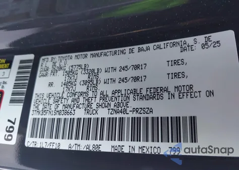 2025 Toyota Tacoma Sr5 2Wd from USA, damaged, VIN 3TMKB5FN1SM038663